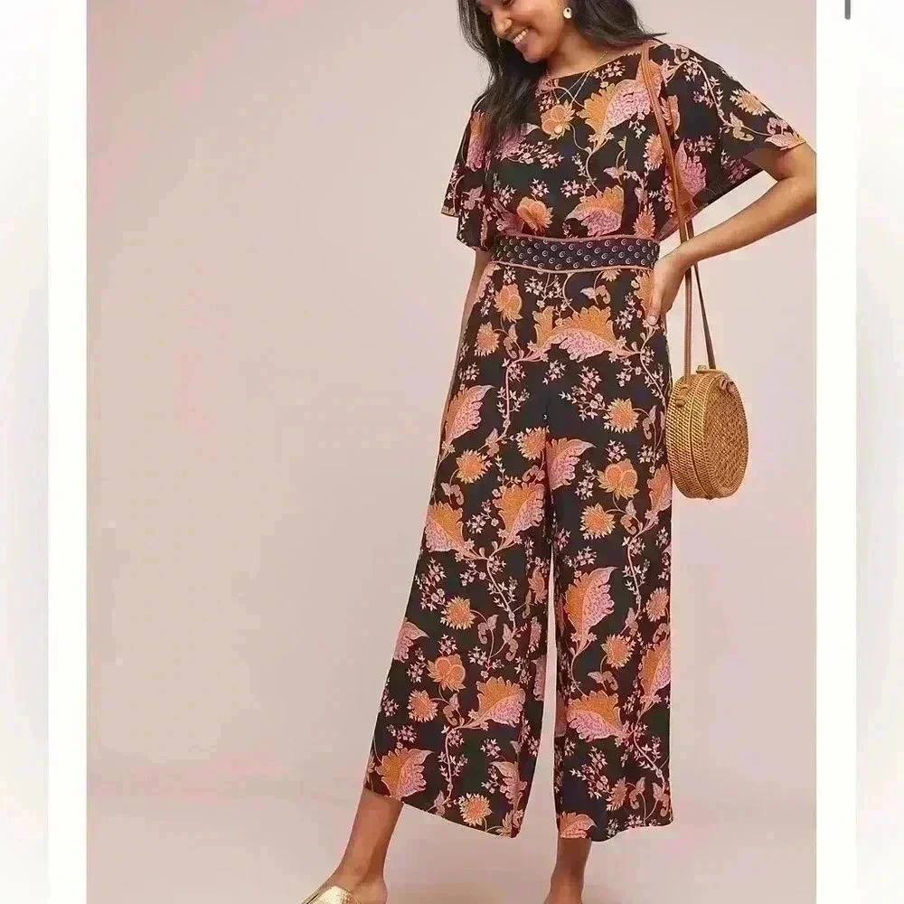 Anthropologie mauve Belted Botanical Jumpsuit size 4